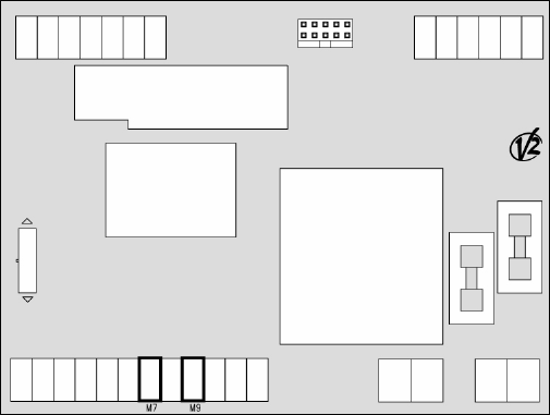 Schéma de la carte avec bornes M7 et M9 pour l'interrupteur d'alarme