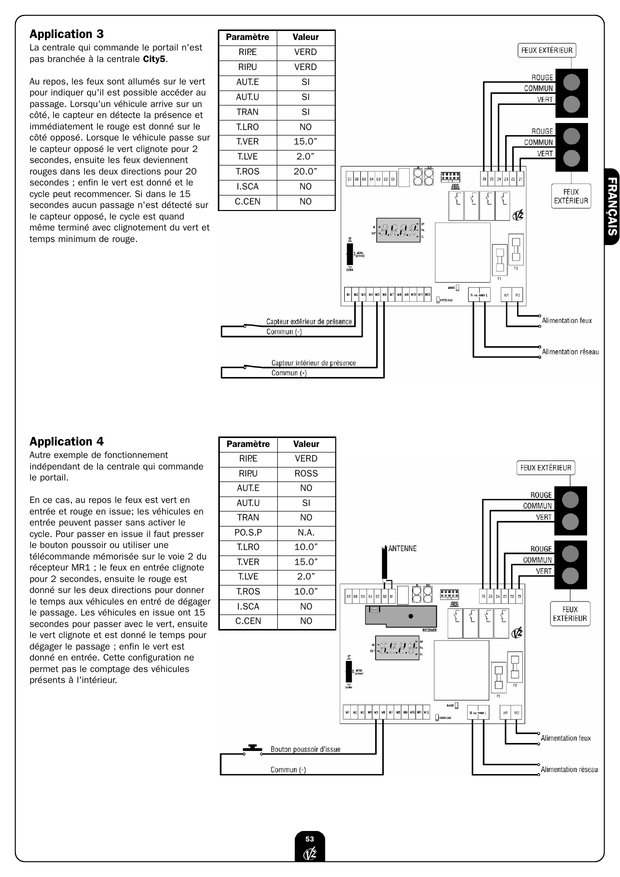 Application 3 — schéma de câblage : fonctionnement indépendant de la centrale du portail (feux vert au repos)