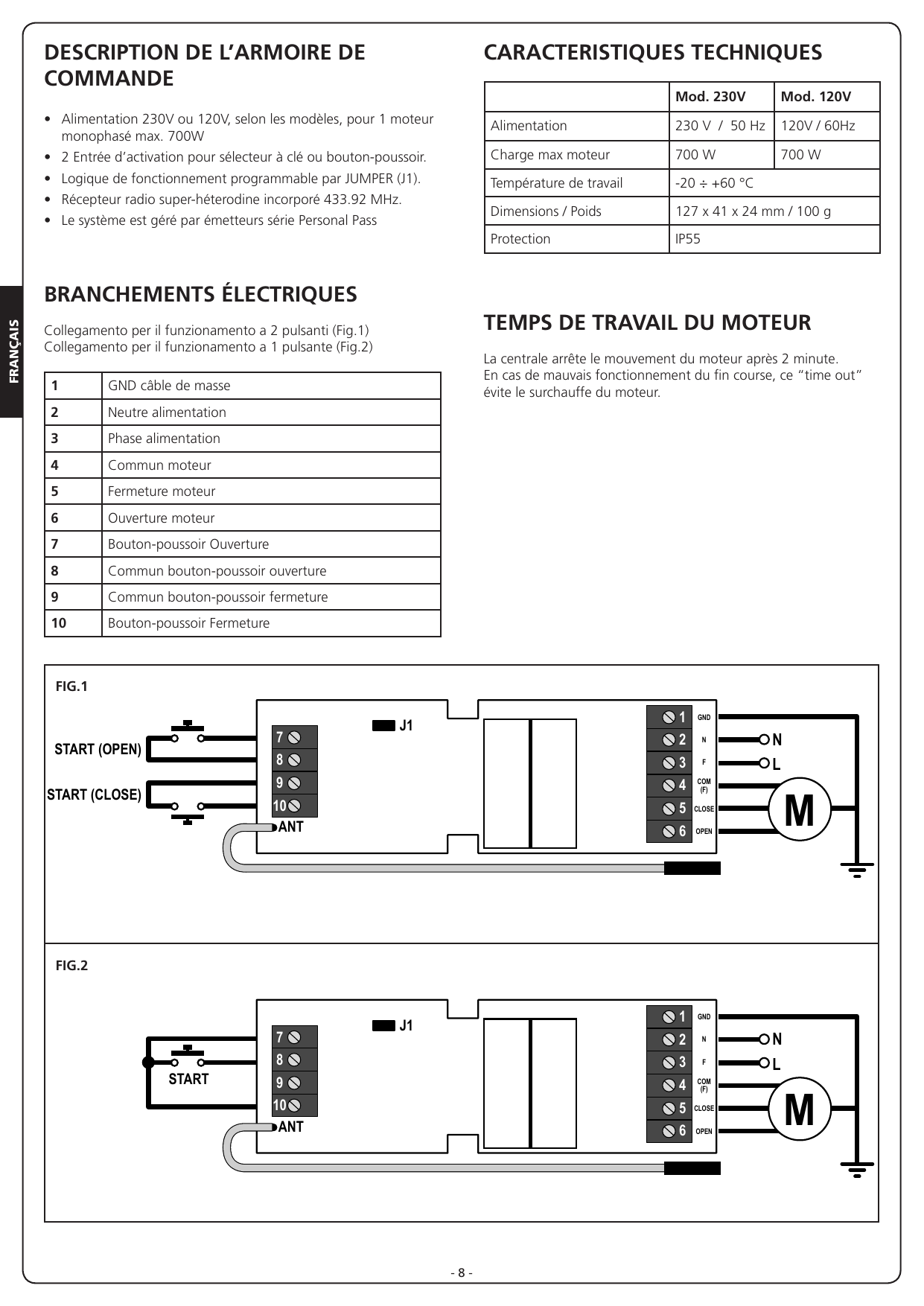 FIG.1 – Schéma de branchement pour le fonctionnement à 2 boutons-poussoirs. FIG.2 – Schéma de branchement pour le fonctionnement à 1 bouton-poussoir.