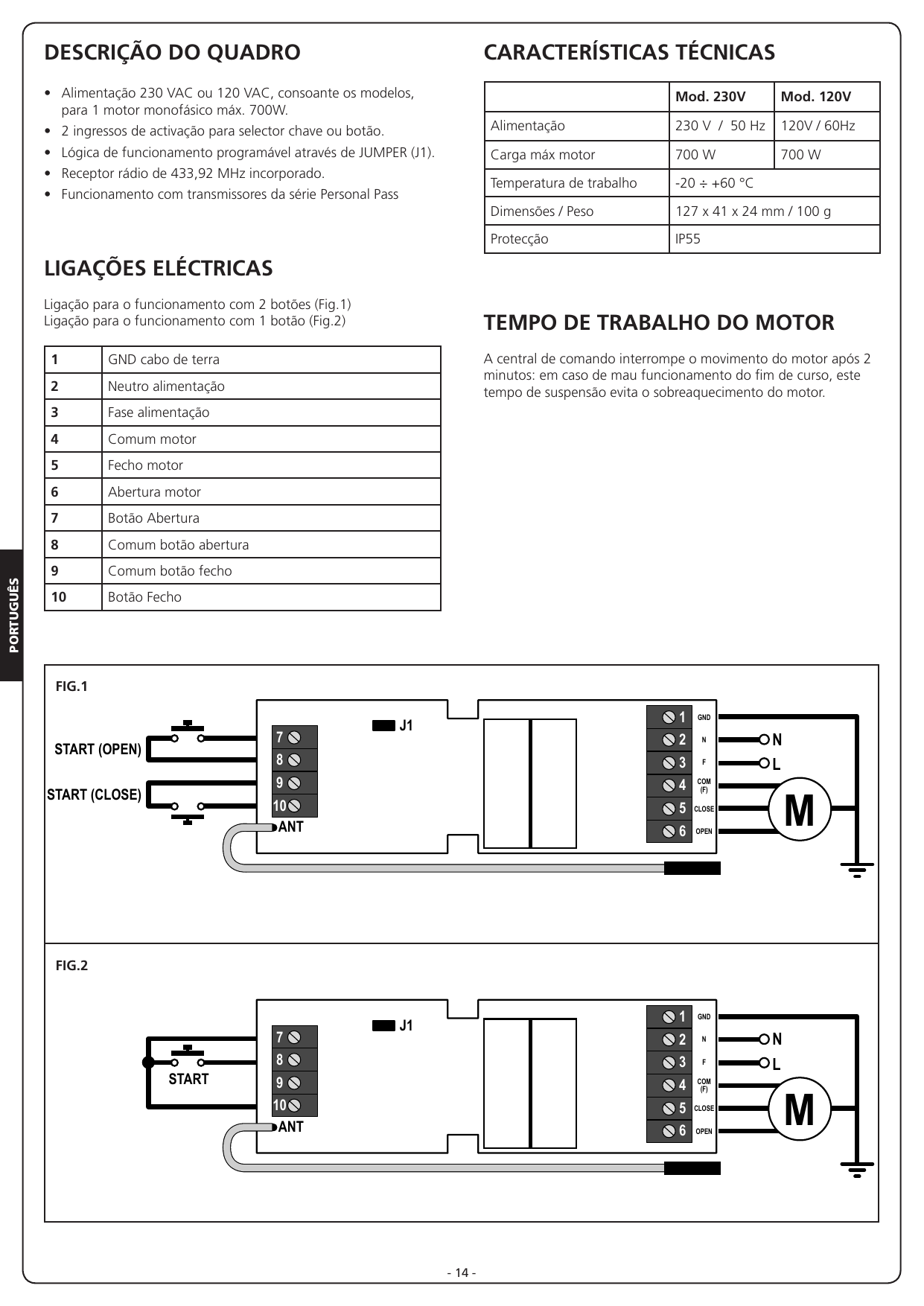 FIG.1 – Esquema de ligação para o funcionamento com 2 botões. FIG.2 – Esquema de ligação para o funcionamento com 1 botão.