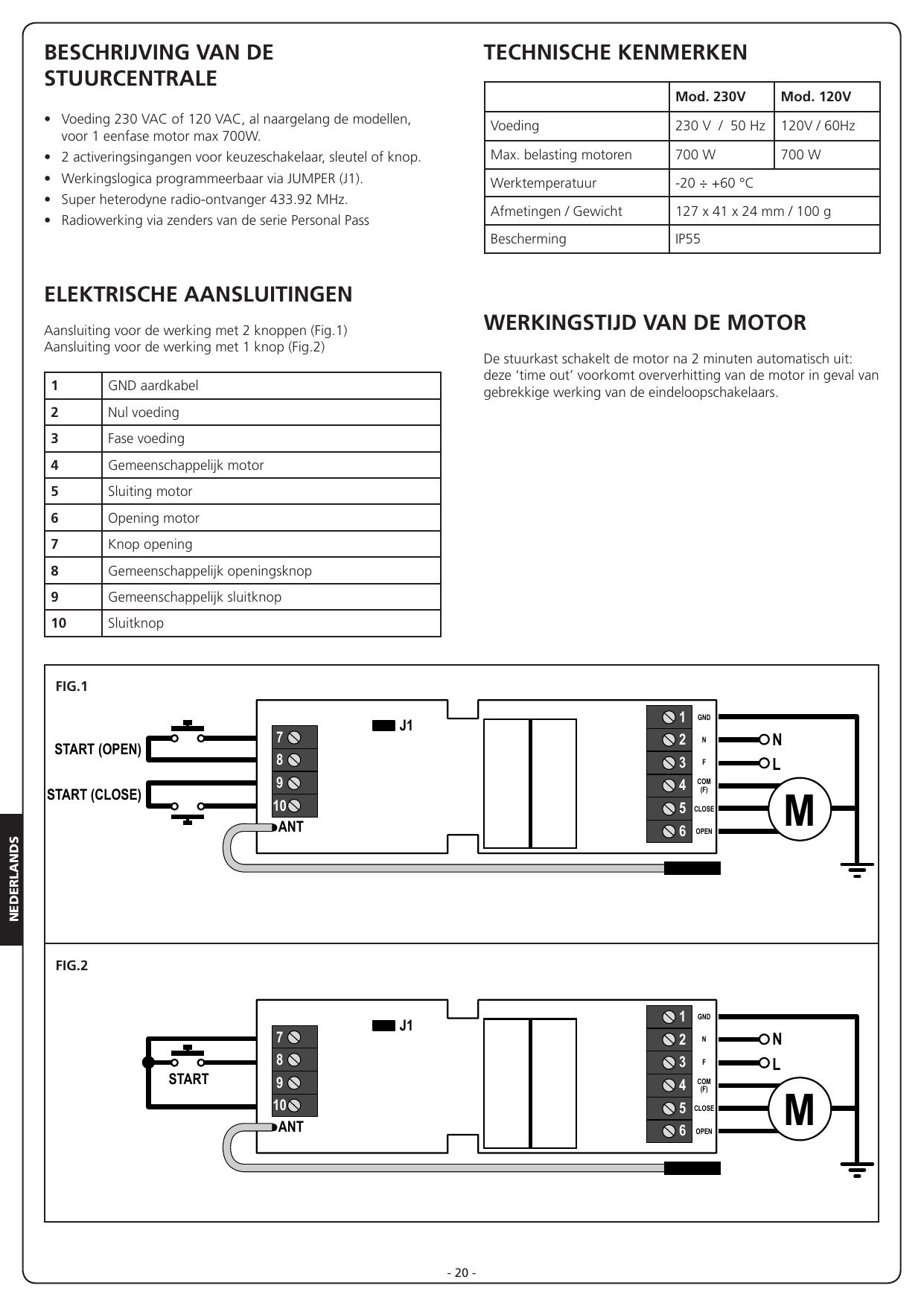 FIG.1 – Aansluitschema voor de werking met 2 knoppen. FIG.2 – Aansluitschema voor de werking met 1 knop.