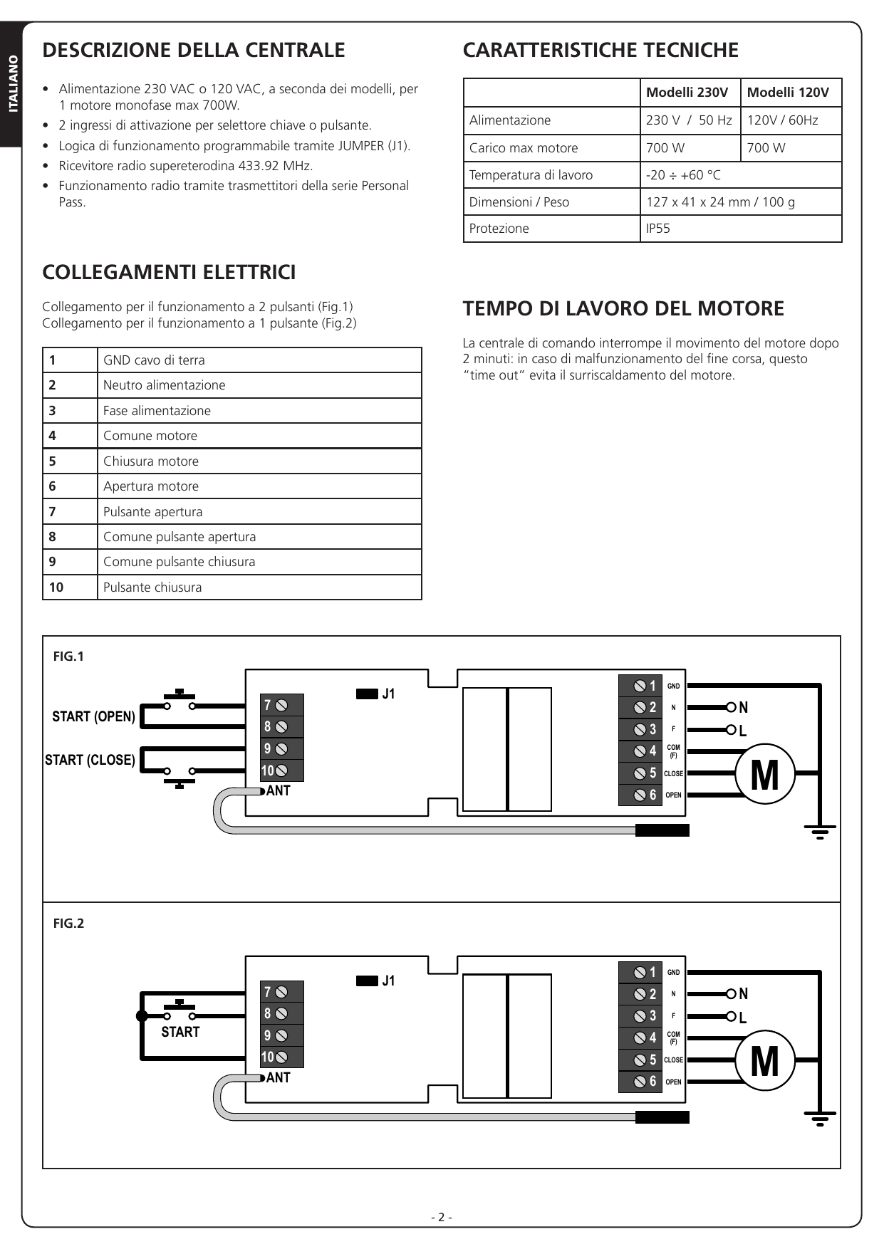 FIG.1 – Schema di collegamento per il funzionamento a 2 pulsanti. FIG.2 – Schema di collegamento per il funzionamento a 1 pulsante.