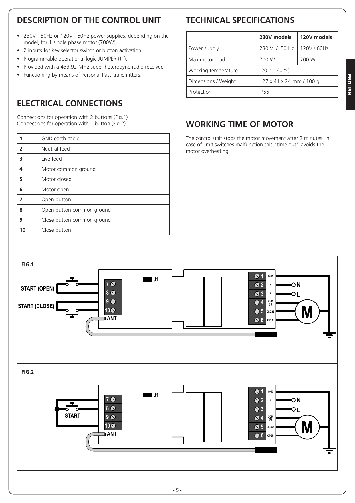 FIG.1 – Wiring diagram for operation with 2 buttons. FIG.2 – Wiring diagram for operation with 1 button.
