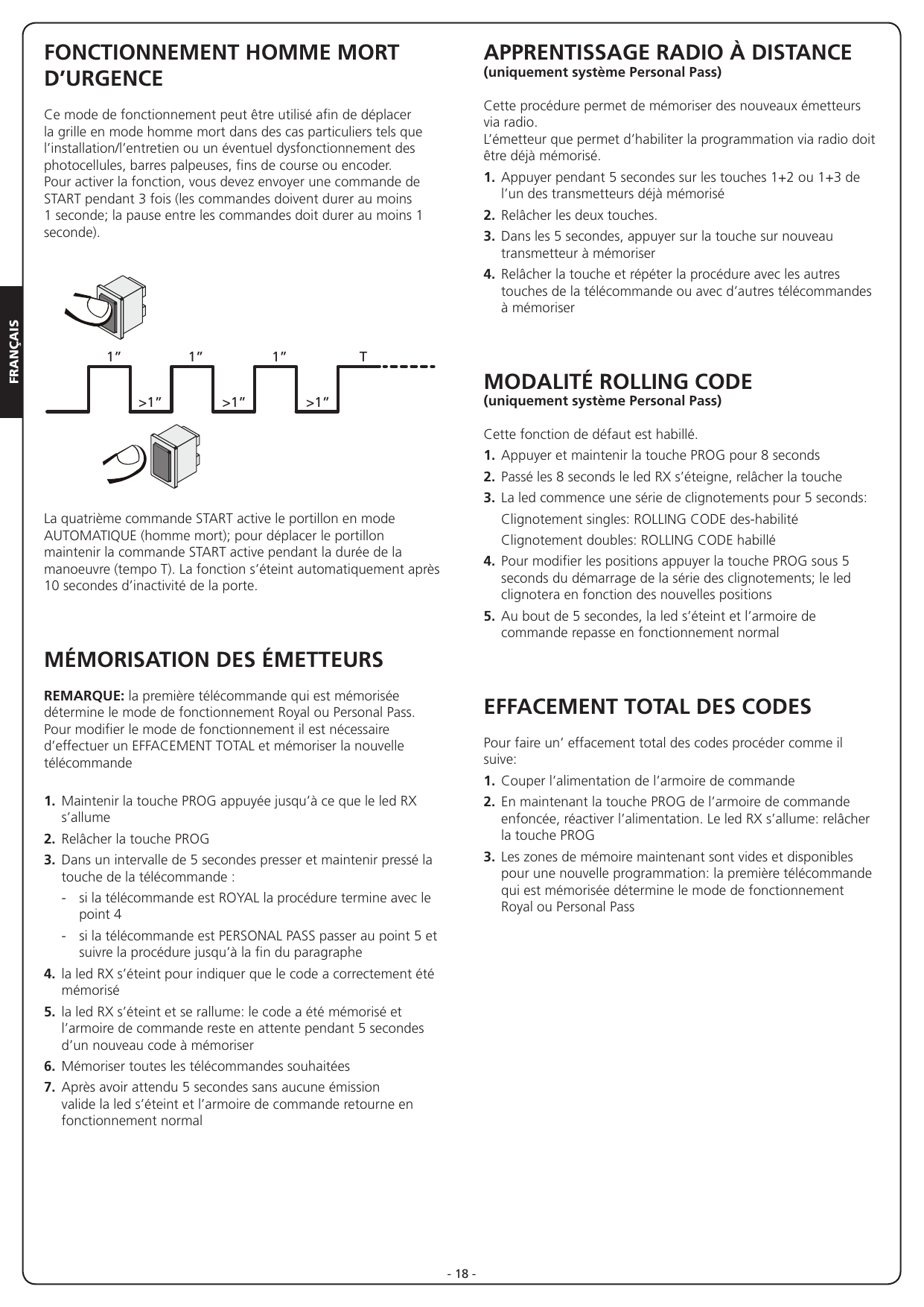 Chronogramme de la séquence d'activation homme mort (3 impulsions START >1″ avec pauses >1″, puis commande maintenue T)
