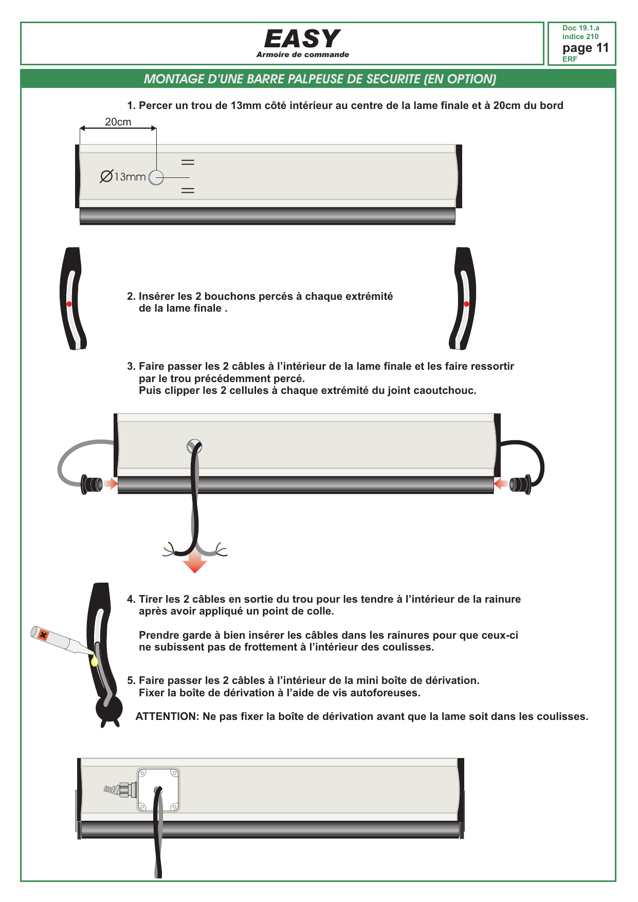 Étapes de montage de la barre palpeuse : perçage, insertion des bouchons, passage des câbles, collage et fixation de la boîte de dérivation