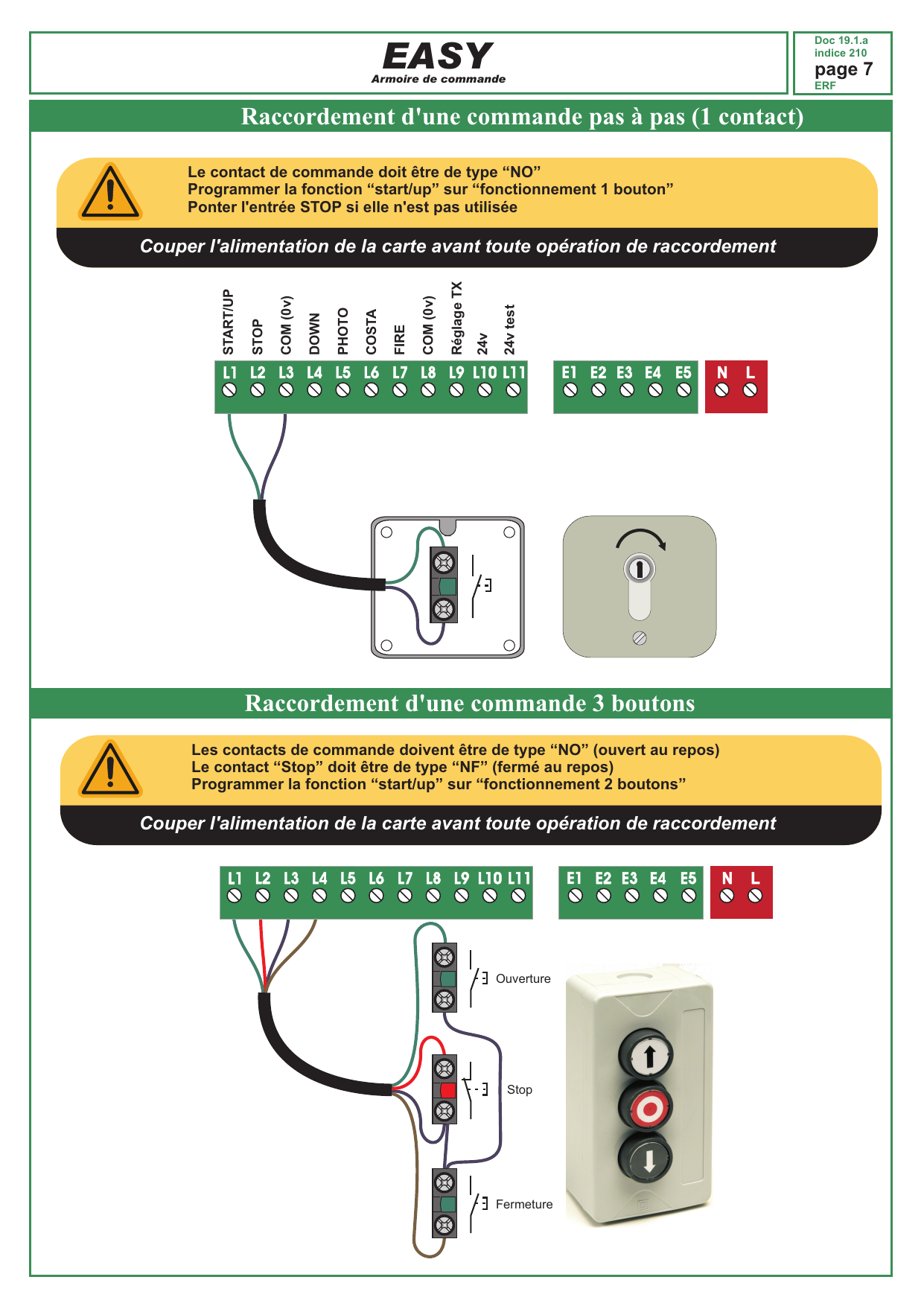 Schéma de raccordement d'une commande à un contact (bouton ou contacteur à clé) sur les bornes L1 et L3