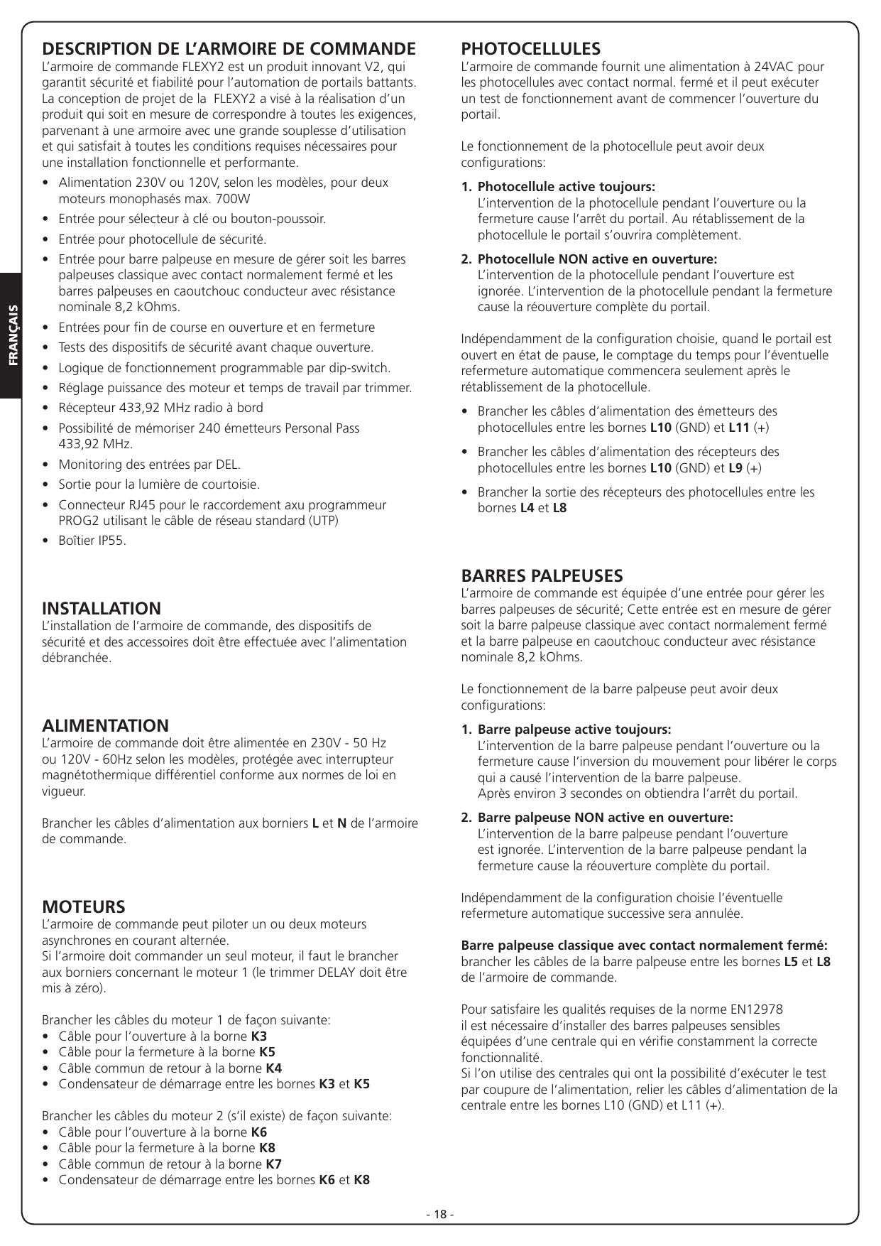 Schéma des branchements électriques de l'armoire FLEXY2 : antenne (A1/A2), trimmers POWER/WORK/PAUSE/DELAY, dip-switch (1-12), connecteur RJ45, bouton PROG.RX et LED L1, fusible F1, bornes d'entrées L1-L11, bornes moteurs et lampe K1-K10, alimentation N/L.