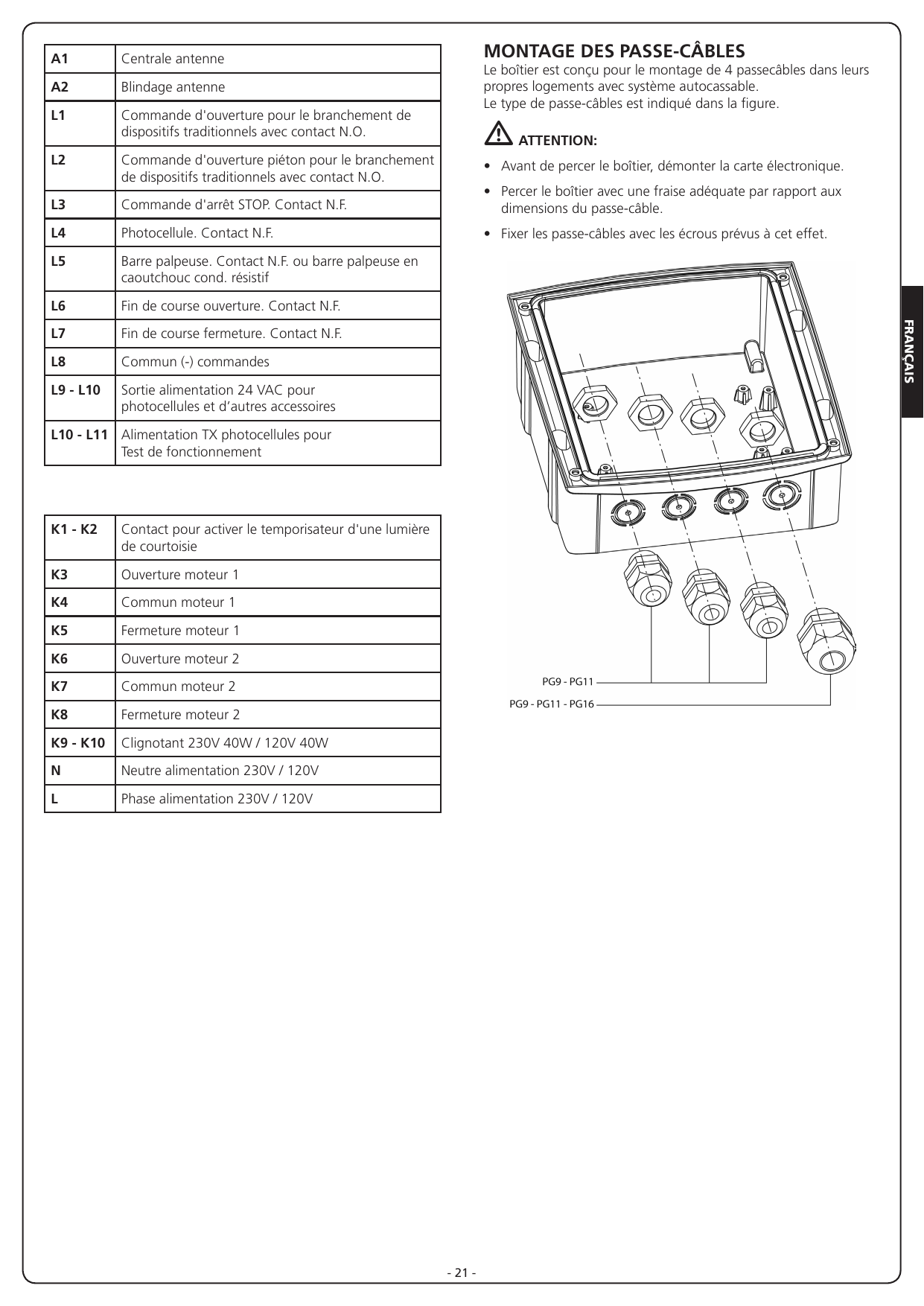 Schémas de réglage des trimmers POWER (MIN-MAX), WORK (2"-50" avec J1 fermé / 2"-120" avec J1 ouvert), PAUSE (2"-150") et DELAY (0-90"), avec position du cavalier J1 fermé / J1 ouvert.