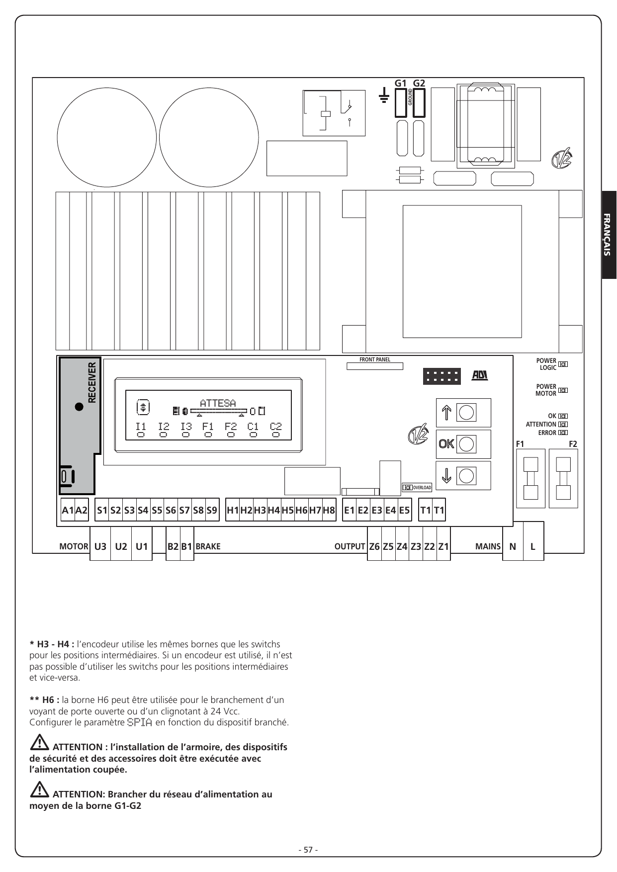 Schéma de câblage complet de la carte HEAVY1 avec position des bornes et des leds.