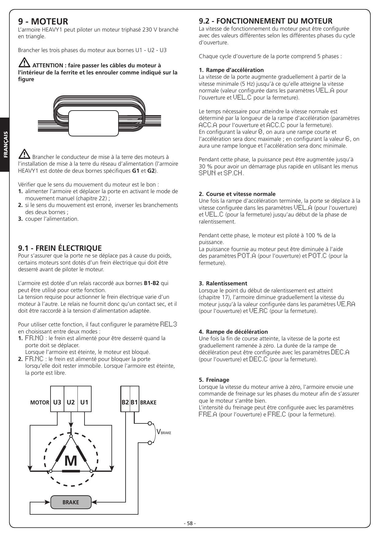 Passage des câbles du moteur à l'intérieur de la ferrite et schéma du branchement en triangle avec frein.
