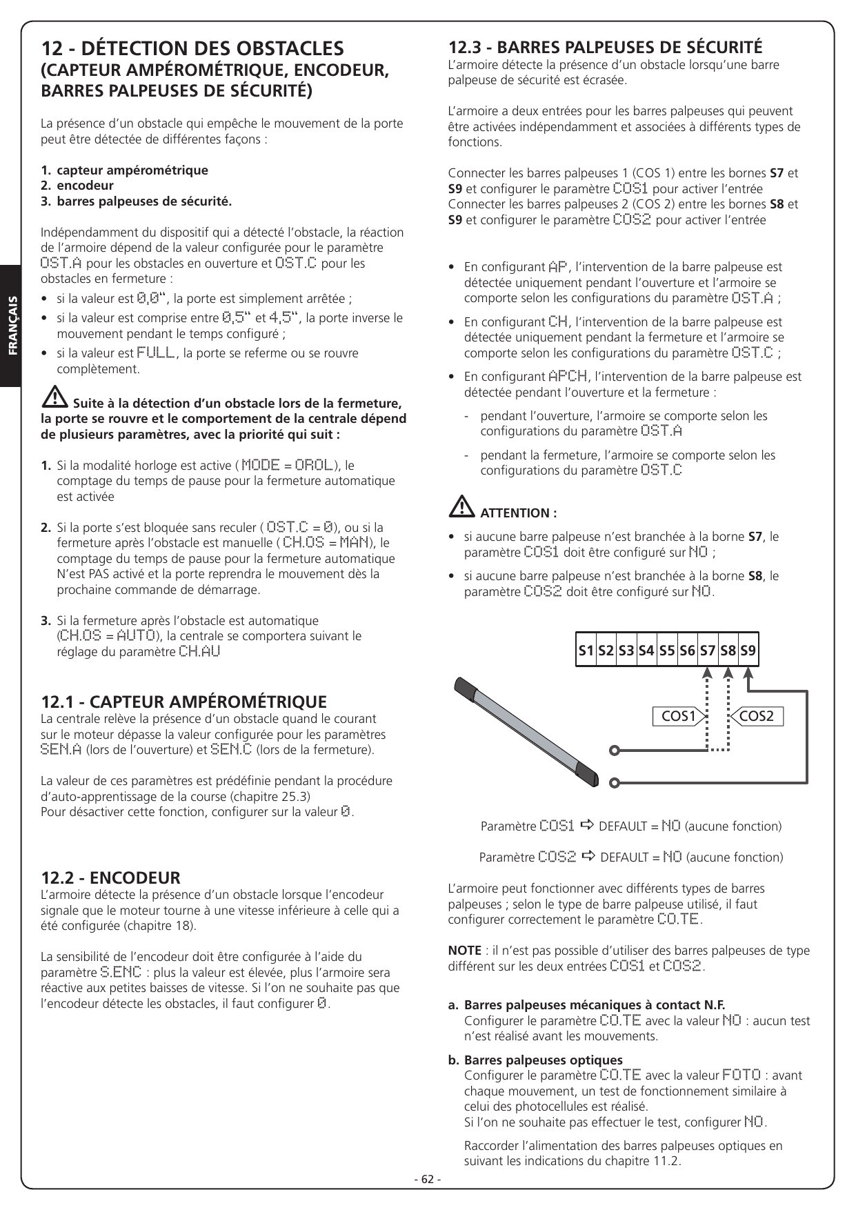 Schéma de branchement des barres palpeuses COS1 et COS2 aux bornes S7, S8 et S9