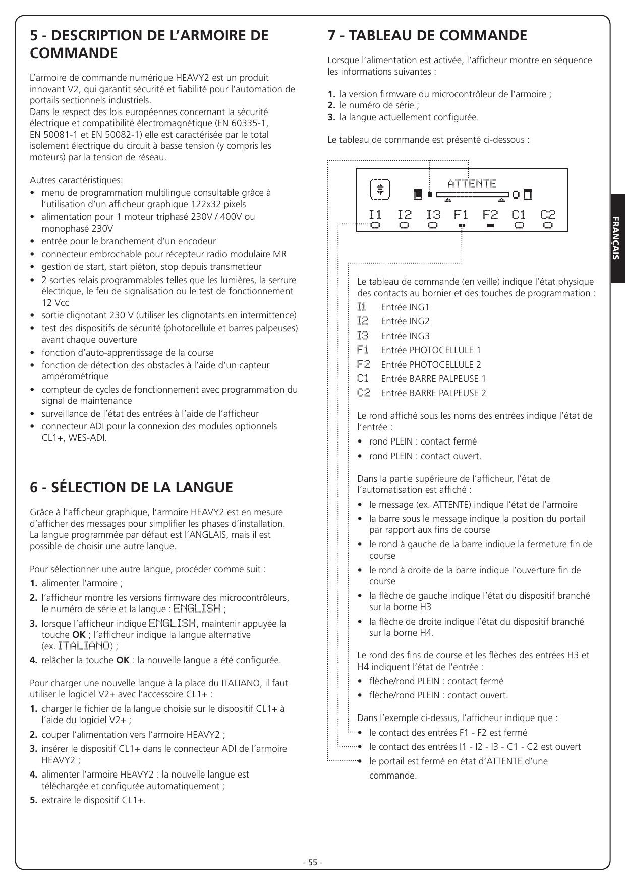 Tableau de commande (en veille) : afficheur graphique avec état de l'automatisation et des entrées I1, I2, I3, F1, F2, C1, C2