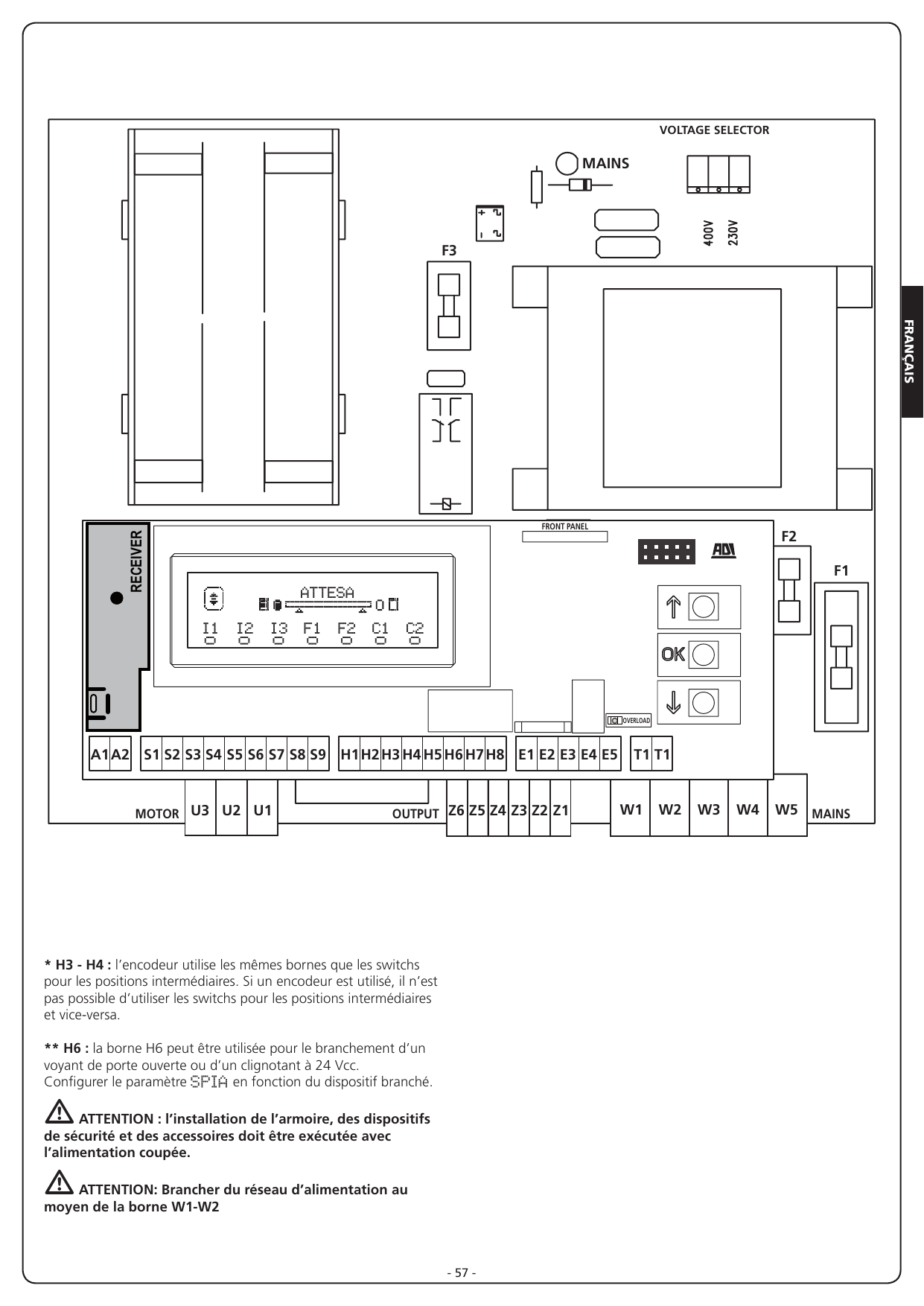 Schéma de la carte électronique HEAVY2 avec disposition des bornes, fusibles, voltage selector et afficheur