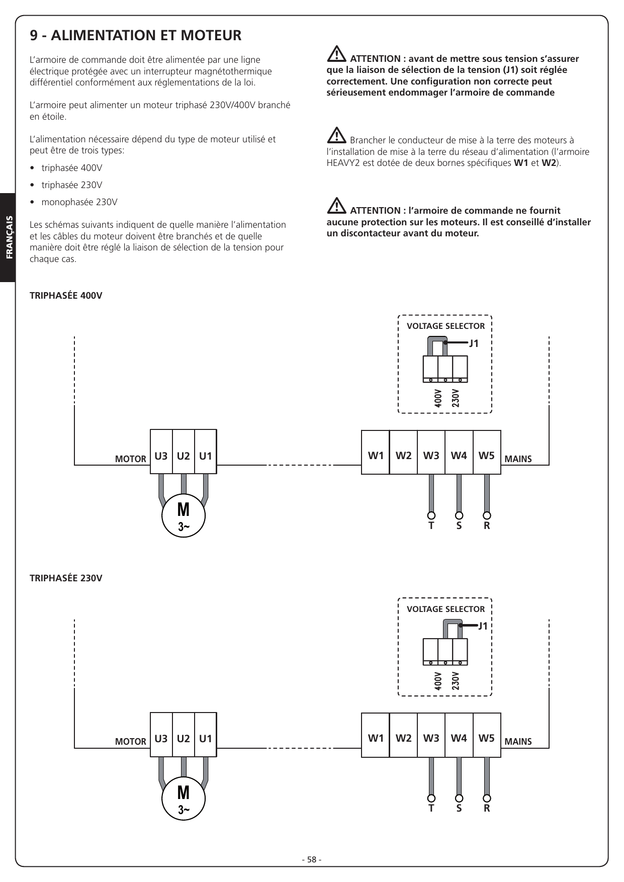 Schémas de branchement triphasé 400V et triphasé 230V avec position du voltage selector (J1)