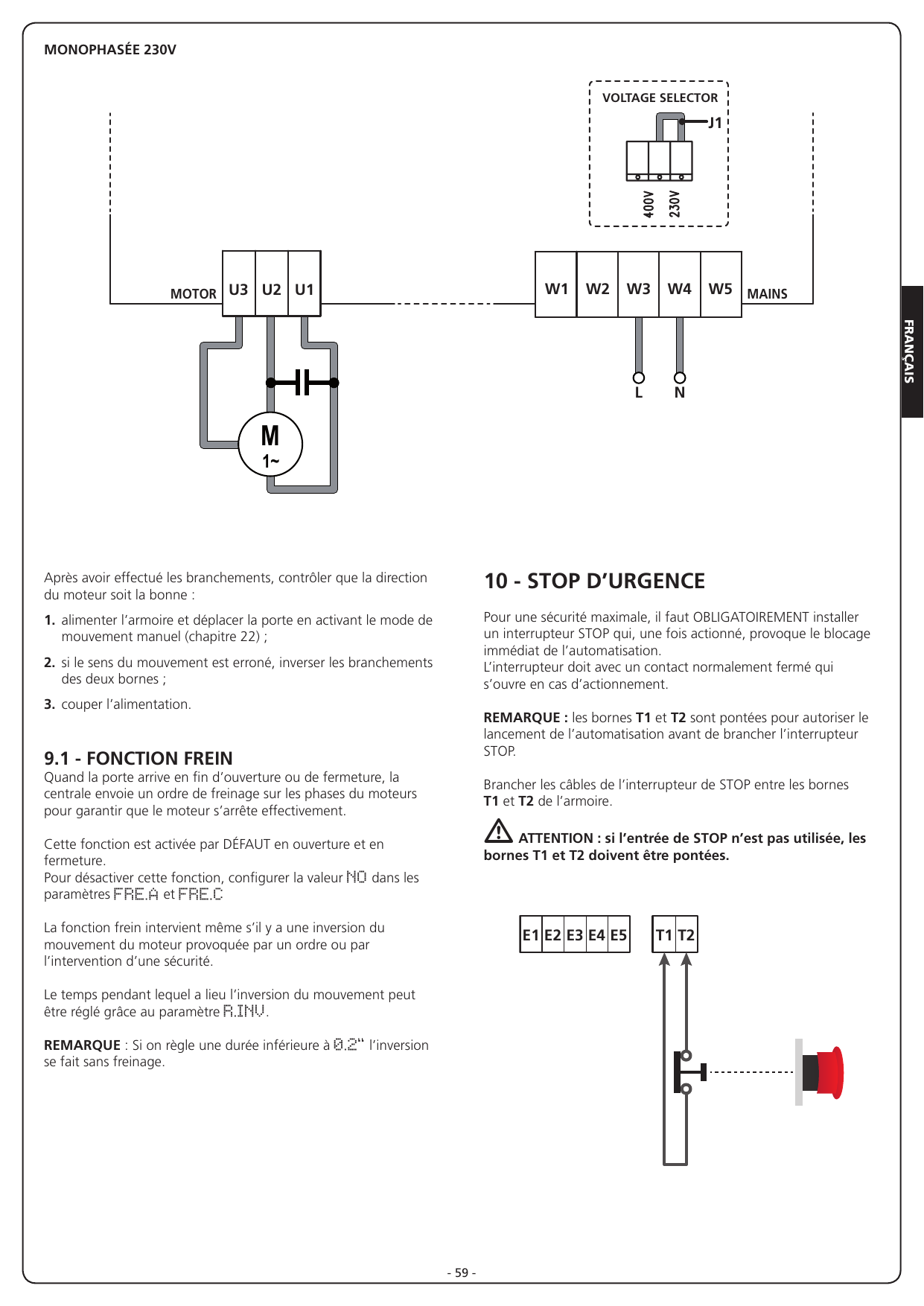 Schéma de branchement monophasé 230V avec position du voltage selector (J1)