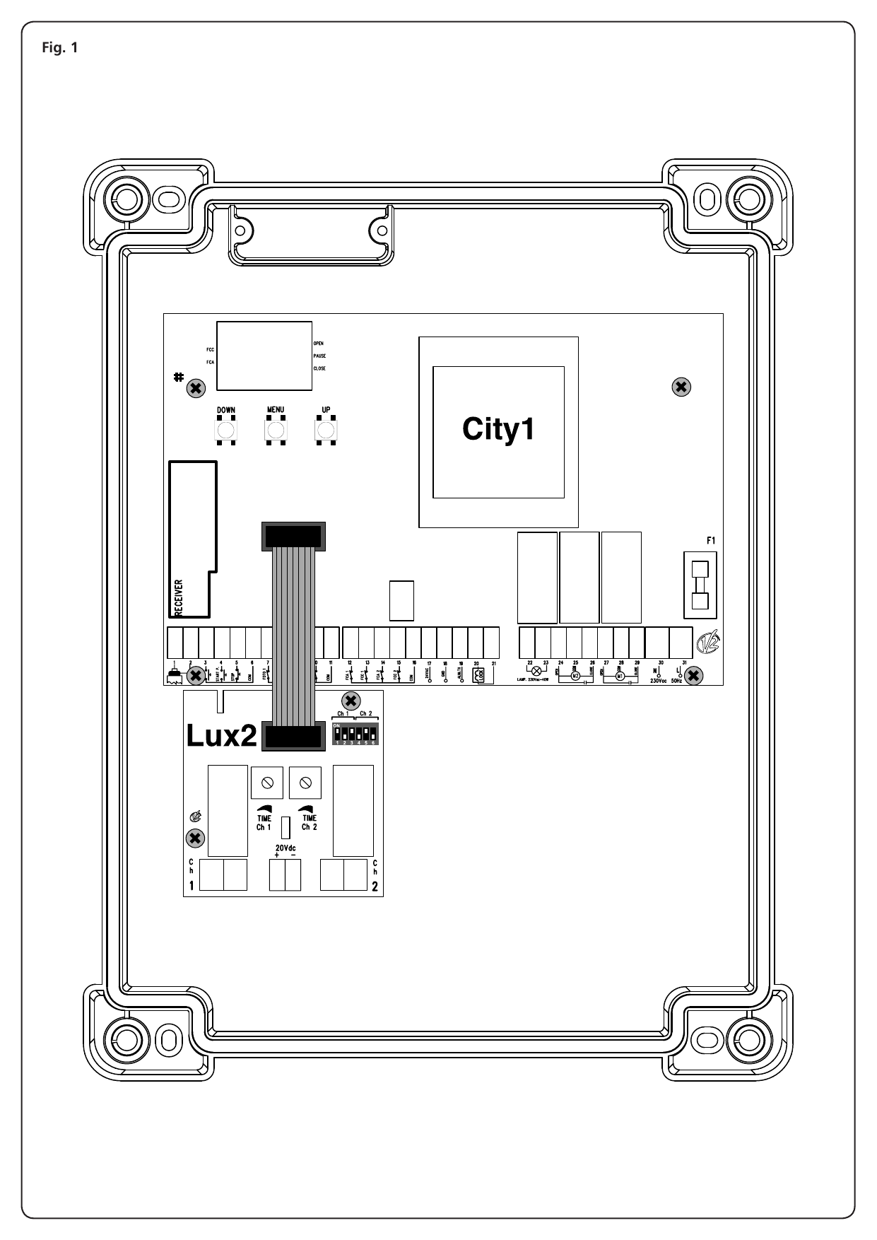 Fig. 1 — Emplacement de la carte LUX2 et de la centrale City1 dans le boîtier, connexion par câble plat ADI