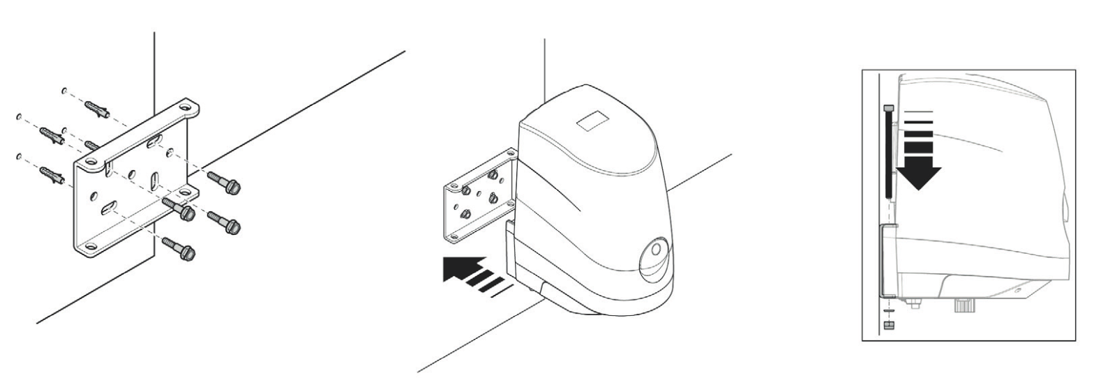 Fixation de la platine au mur avec chevilles et vis, emboîtement du moteur sur la platine puis verrouillage vers le bas