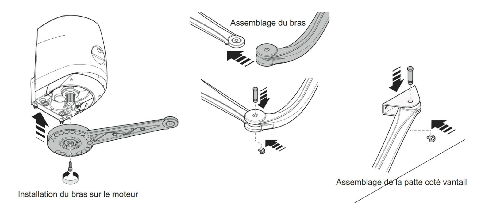 Installation du bras sur le moteur, assemblage du bras articulé et assemblage de la patte côté vantail