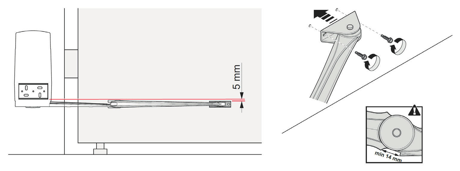 Positionnement de la patte à 5 mm sous la ligne de référence et fixation de la patte sur le vantail, distance min 14 mm