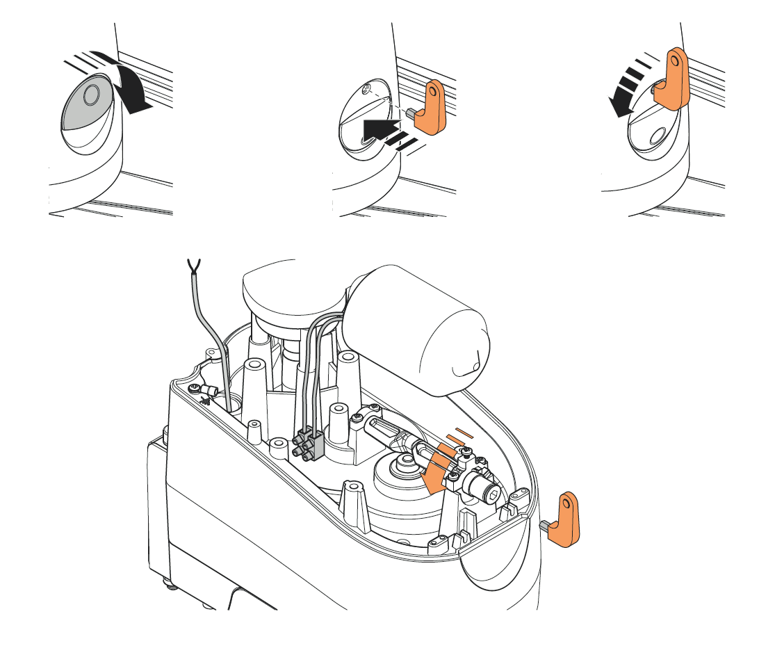 Ouverture du cache, insertion de la poignée de déverrouillage et rotation pour débrayer le moteur