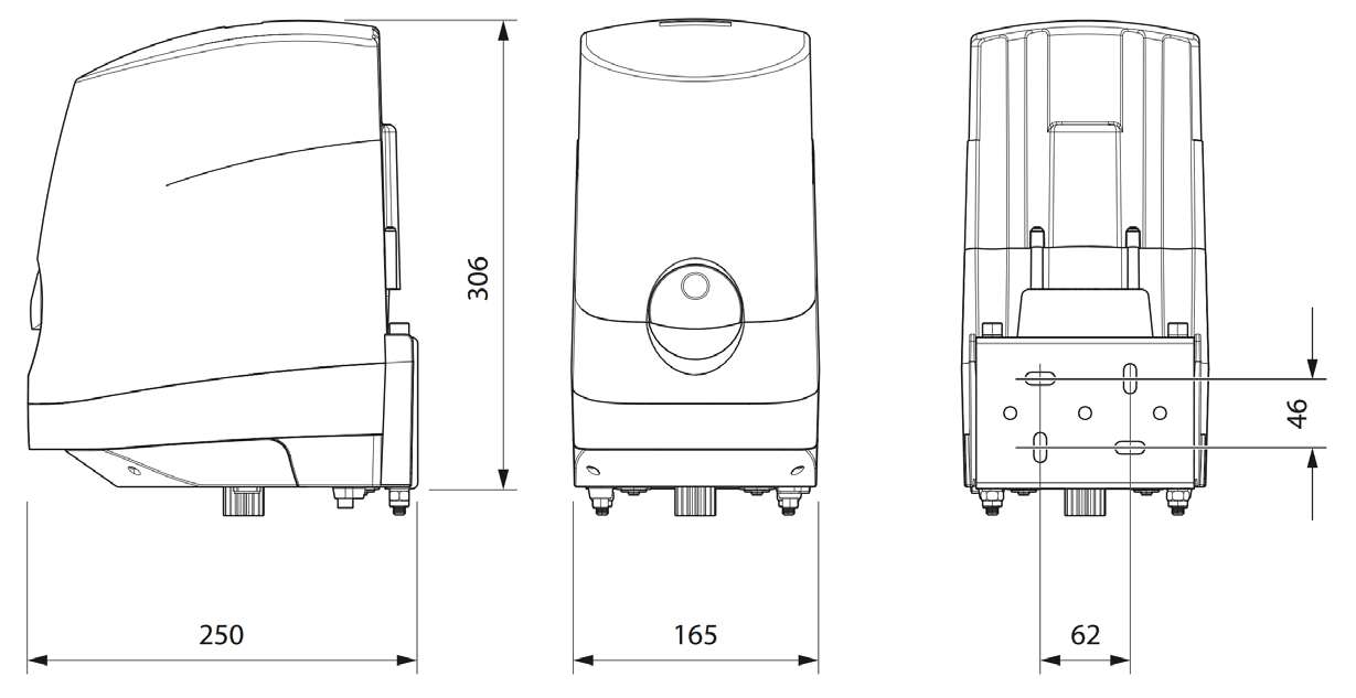 Dessins cotés du moteur : largeur 250 mm, hauteur 306 mm, profondeur 165 mm, entraxe de fixation 62 mm et 46 mm