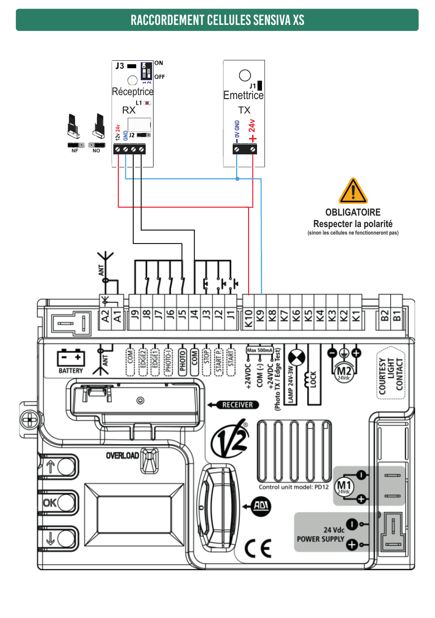 Schéma de raccordement des cellules Sensiva XS (réceptrice RX et émettrice TX) sur la carte PD12