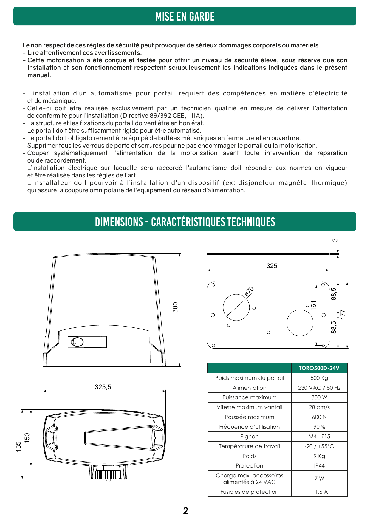 Schémas cotés du moteur et de la plaque de fondation (dimensions en mm)