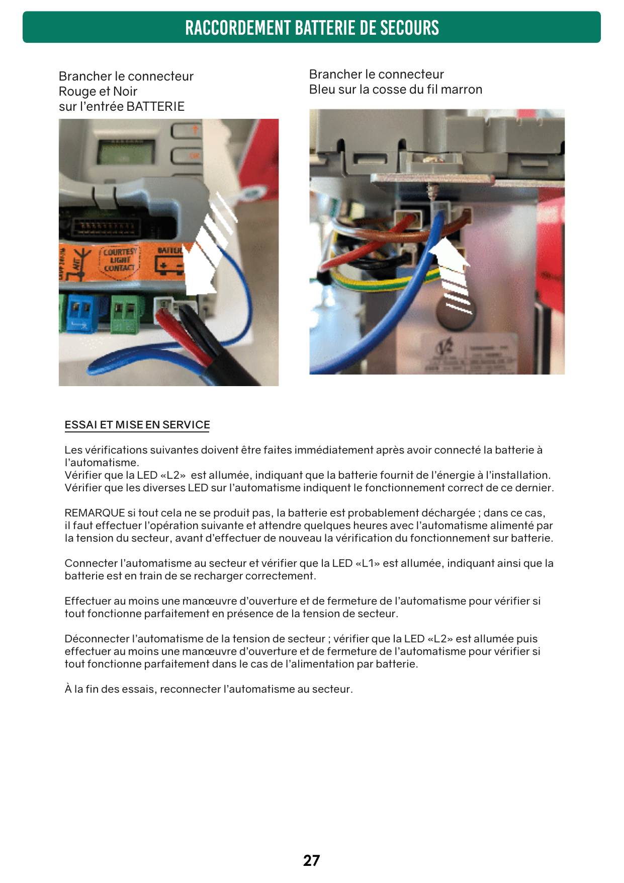 Photos de branchement des connecteurs de la batterie de secours