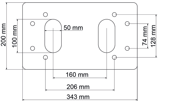 Fig 2 : plan de la plaque de fixation avec cotes 50, 100, 160, 206, 343, 74, 128, 200 mm