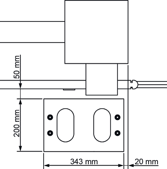 Fig 1 : positionnement du moteur sur la plaque, cotes 50 mm, 200 mm, 343 mm, 20 mm