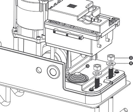 Fig 5 : insertion des rondelles R et vissage des écrous D sur les goujons