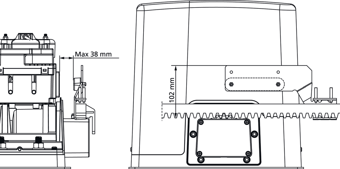 Positionnement de l'étrier porte-aimant sur la crémaillère, cotes Max 38 mm et 102 mm