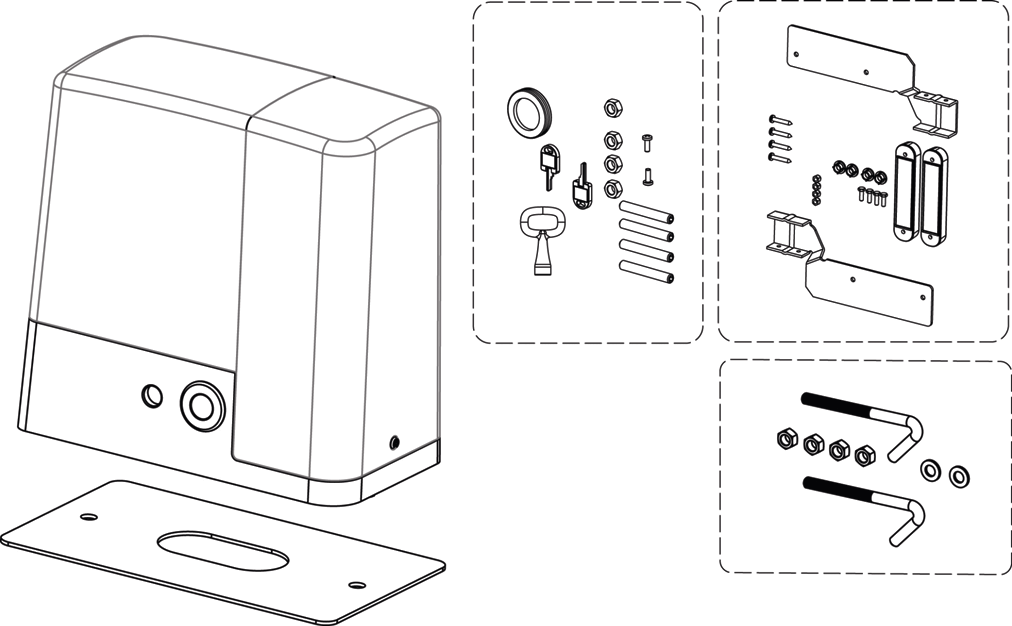 Composants du kit : motoréducteur, plaque de fixation, visserie, clés, aimants et étriers
