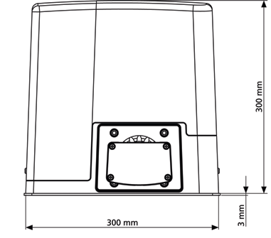 Dimensions moteur de face : largeur 300 mm, hauteur 300 mm, épaisseur plaque 3 mm
