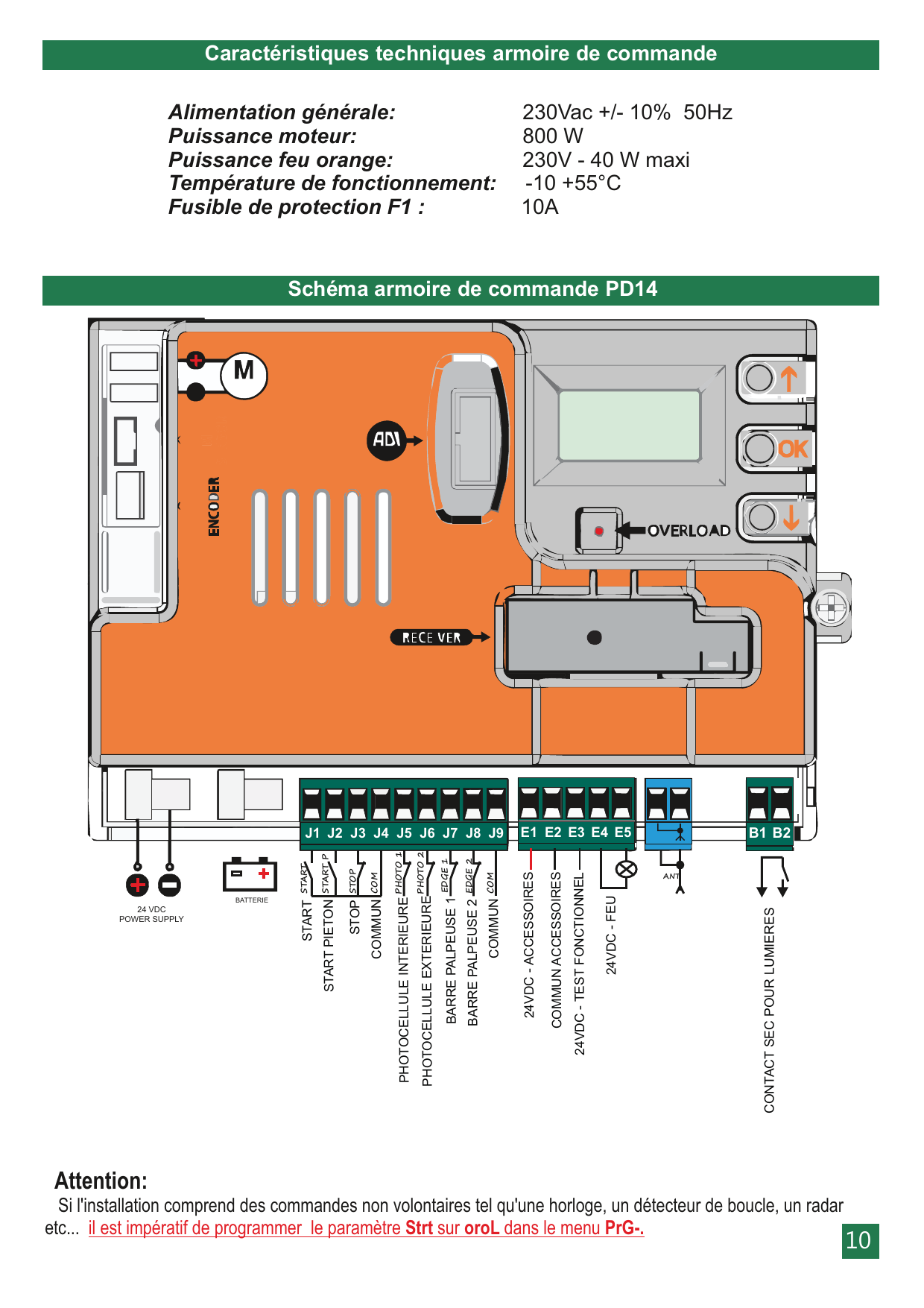 Schéma de l'armoire de commande PD14 avec borniers J1-J9, E1-E5, B1-B2 et repérage des bornes