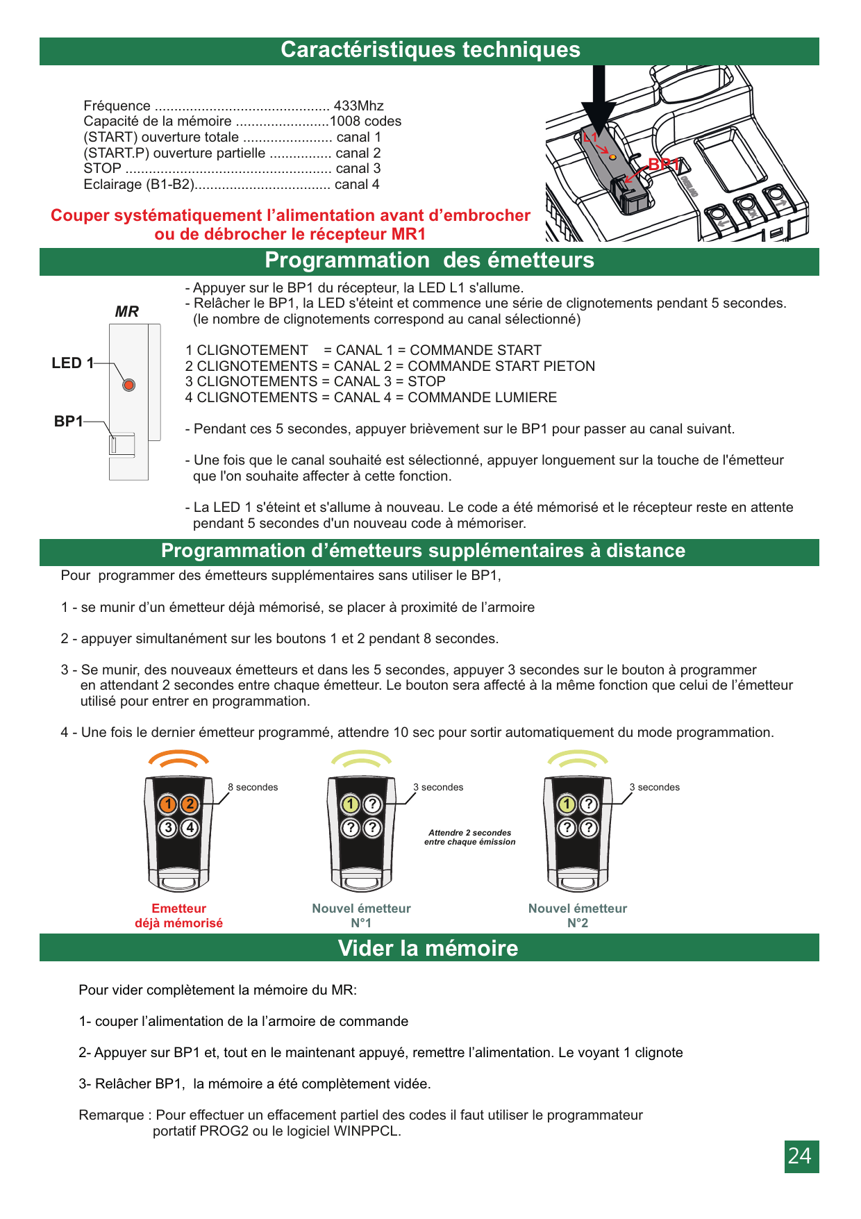 Récepteur MR1 avec LED 1 et bouton BP1, et émetteurs pour la programmation à distance