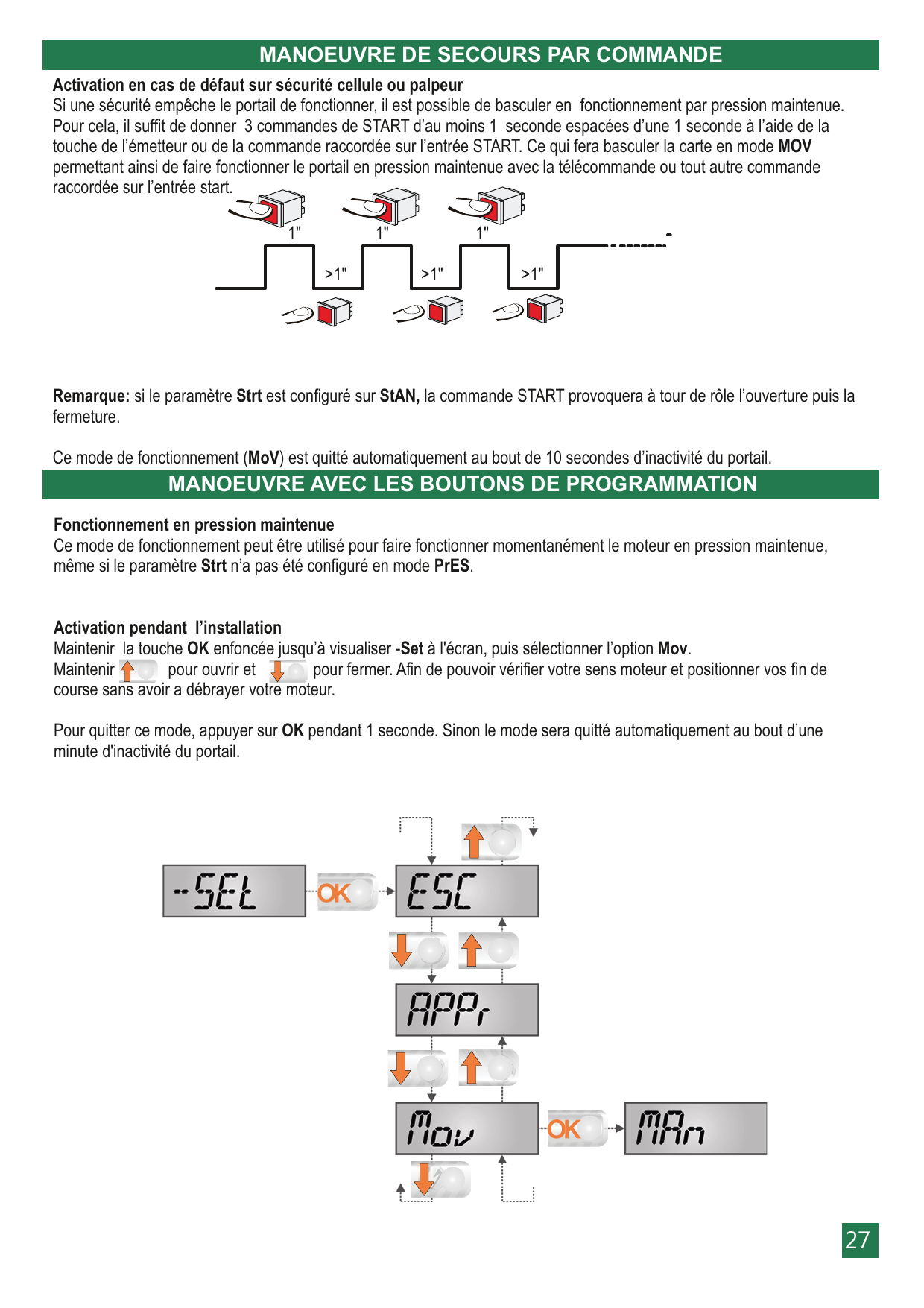 Séquence des 3 commandes START (1 seconde espacées de 1 seconde) pour activer le mode MOV