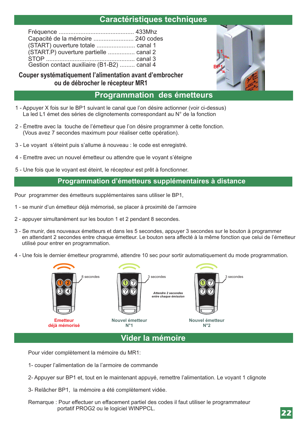 Séquence de programmation d'émetteurs supplémentaires à distance (émetteur déjà mémorisé puis nouveaux émetteurs)