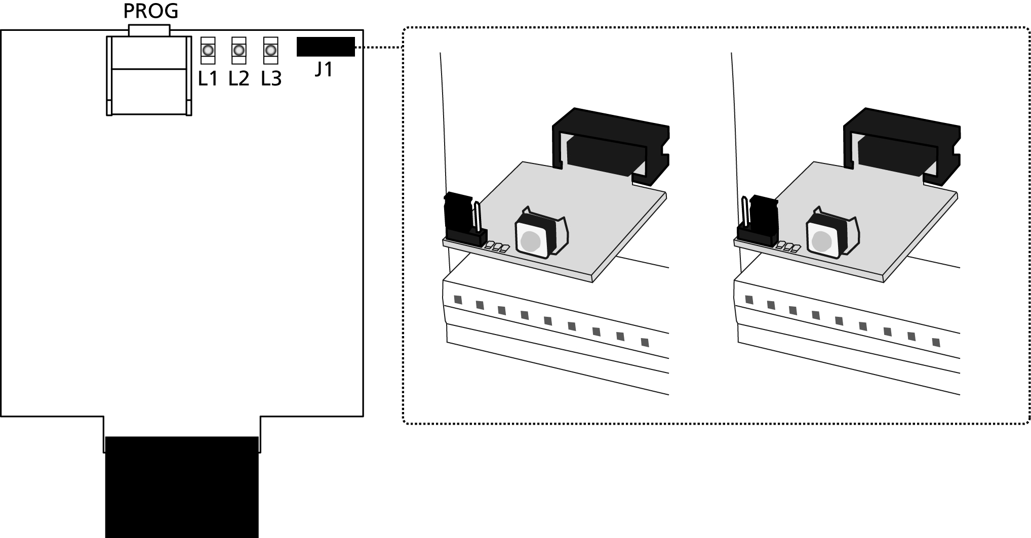 WES-ADI board with PROG button, LEDs L1 L2 L3, J1 connector and detail of jumper positions 1 and 2