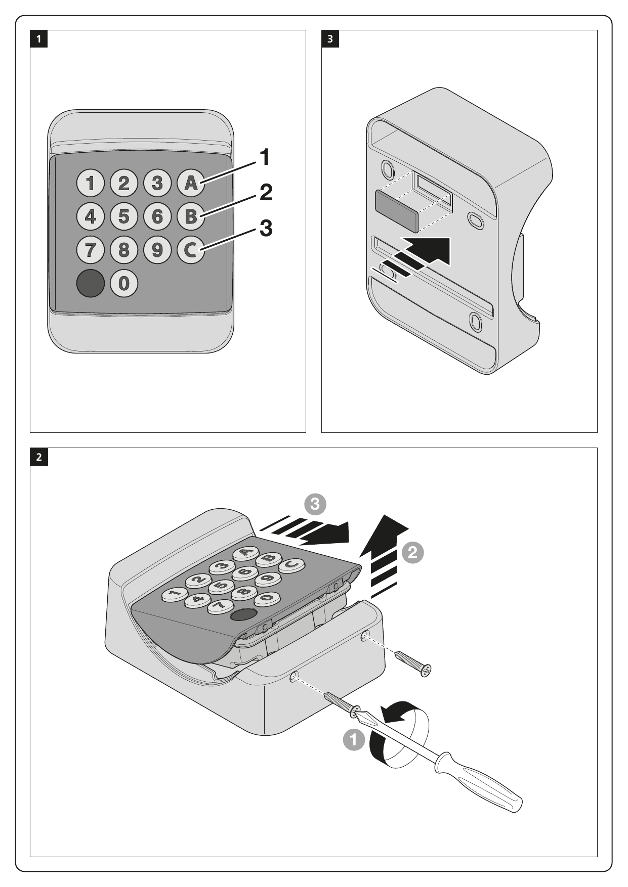 Repérage des touches A (1), B (2), C (3) et insertion du clavier sur son support