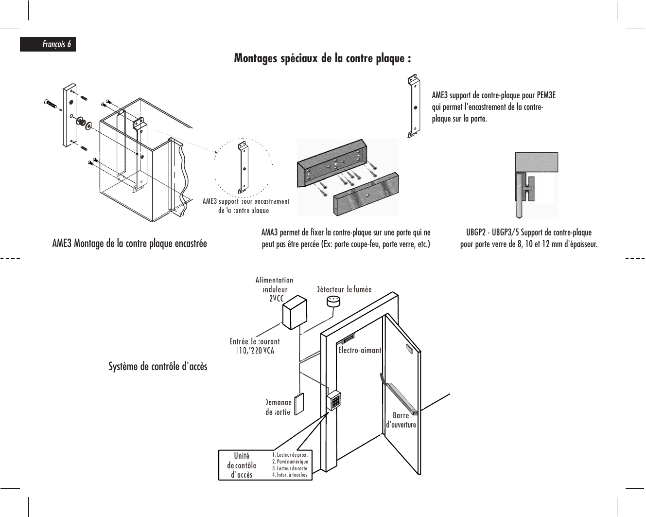 Montage encastré de la contre-plaque (AME3) et support pour porte verre