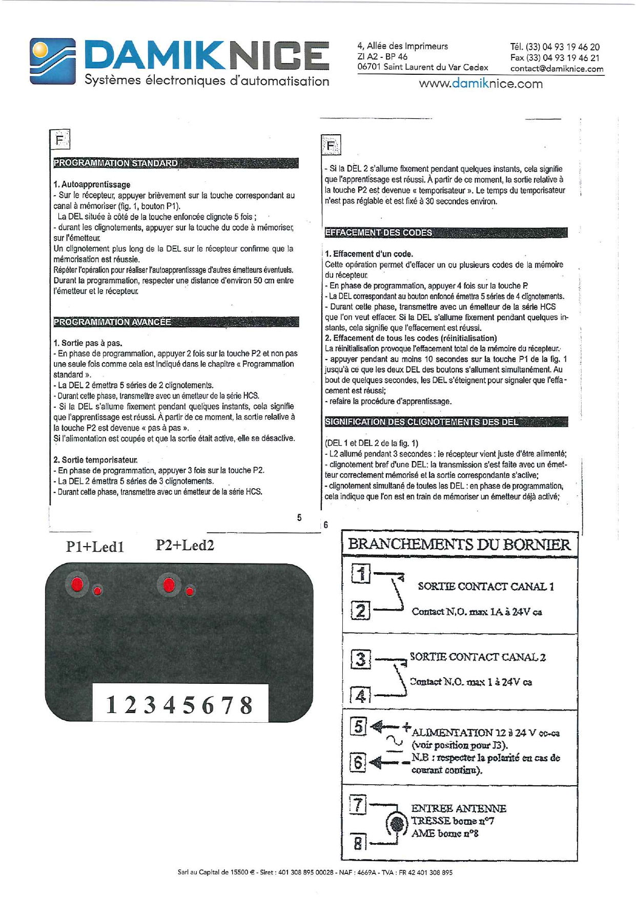 Schéma des branchements du bornier (bornes 1 à 8)