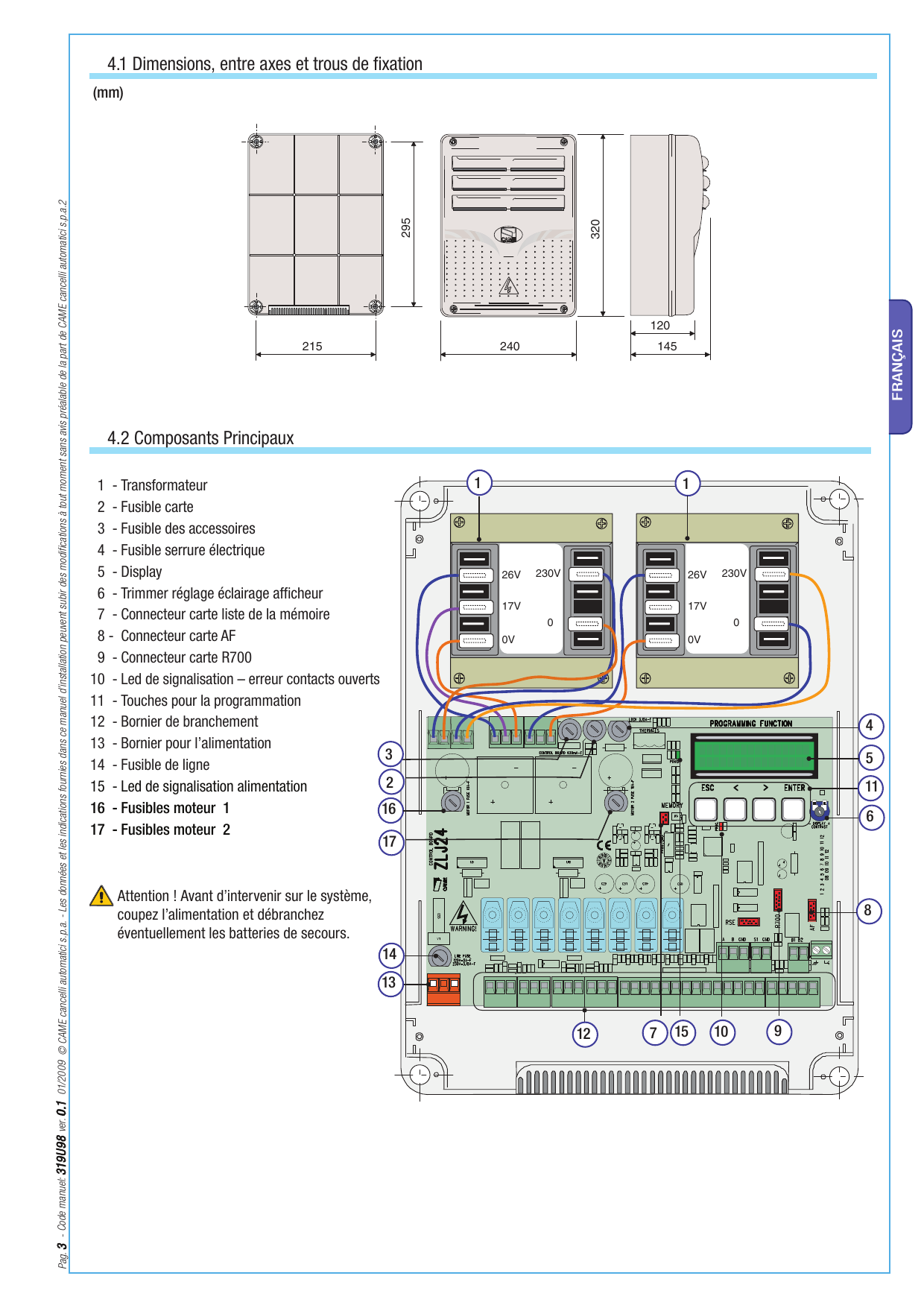 Dimensions de l'armoire (mm) : 215 × 295, hauteur 320, profondeur 145/120, vues de face et de côté avec trous de fixation