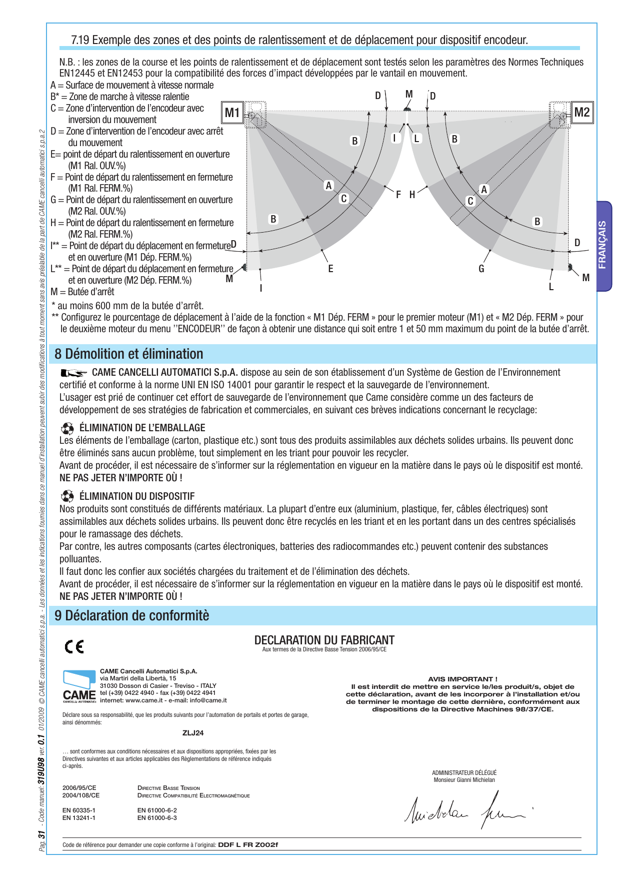 Schéma des zones et points de ralentissement et de déplacement (A, B, C, D, E, F, G, H, I, L, M) pour les vantaux M1 et M2