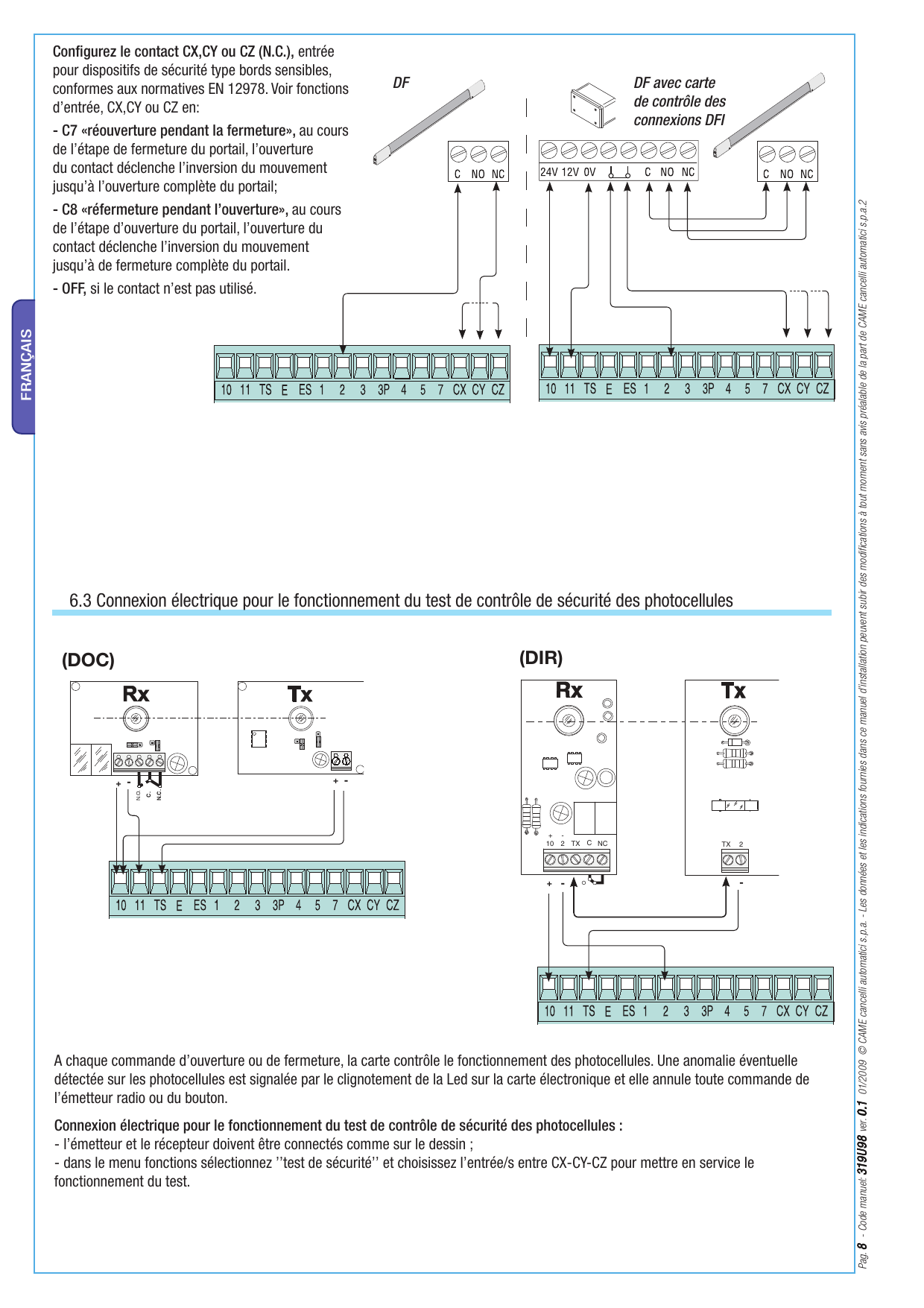 Schémas de branchement des bords sensibles DF et DF avec carte de contrôle des connexions DFI