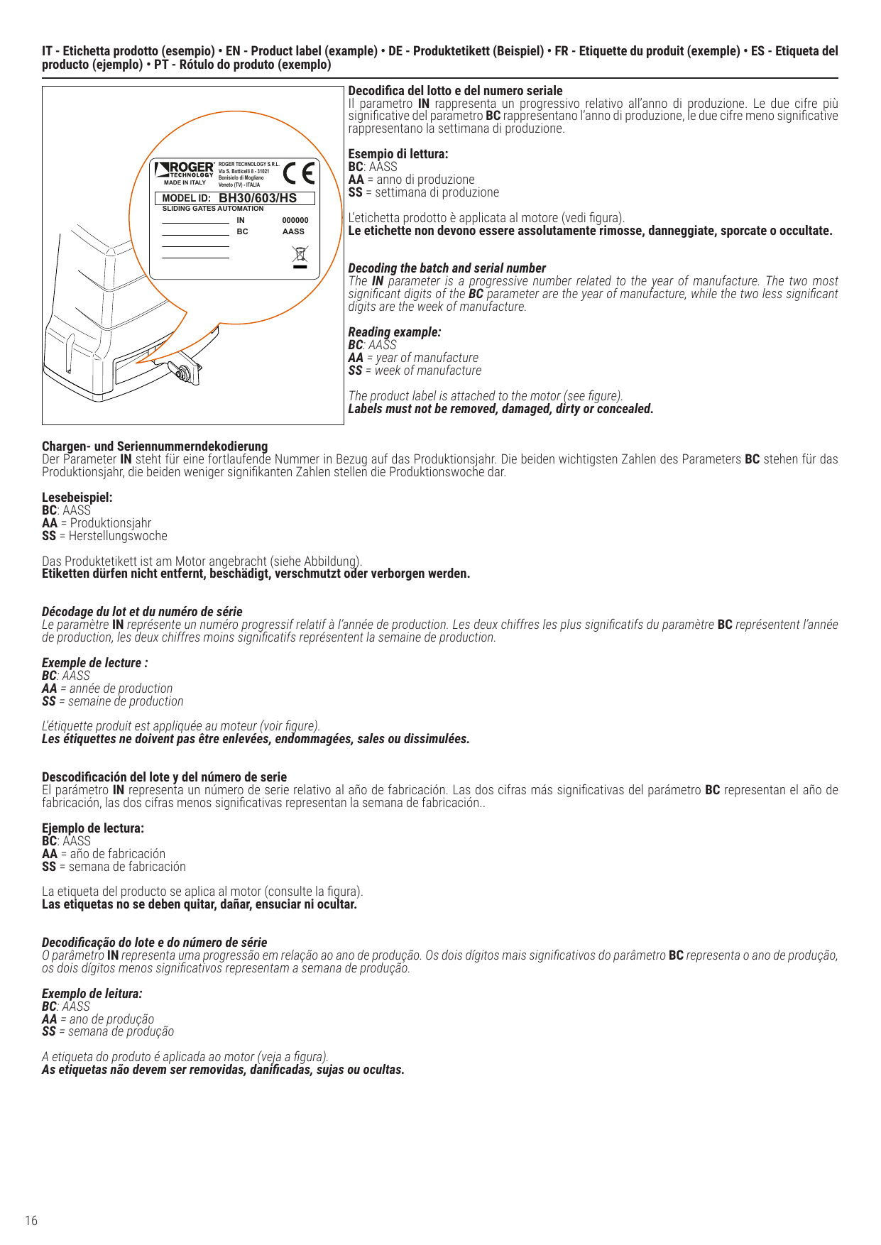 Exemple d'étiquette produit appliquée au moteur (MODEL ID, IN, BC)
